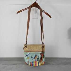 Rare FOSSIL Key-Per Coated Canvas City Birds Artwork Bag Cross Body Boho Purse